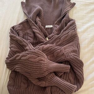Cable-Knit Hooded Zip Sweater in Brown